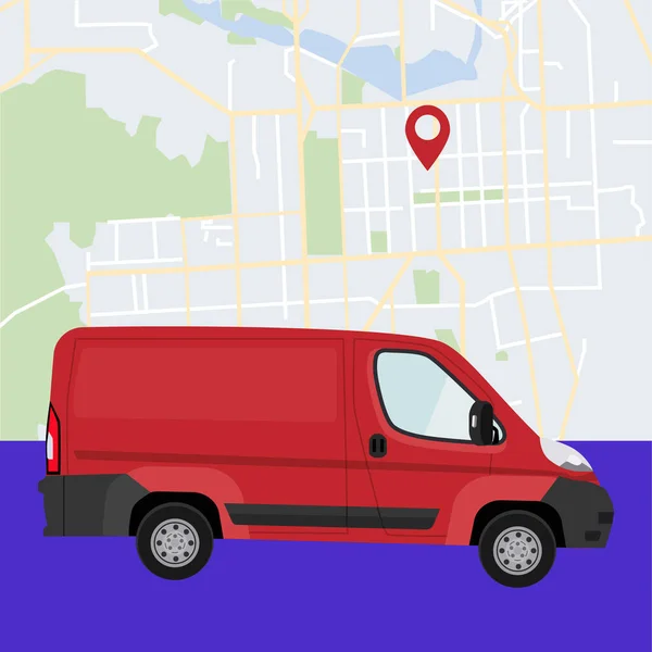Consegna Della Merce Giro Città Minivan Sullo Sfondo Una Mappa — Vettoriale Stock