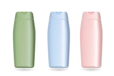 Şampuanlar ve kozmetikler için şişeler. Farklı renkte şişeler. Vektör