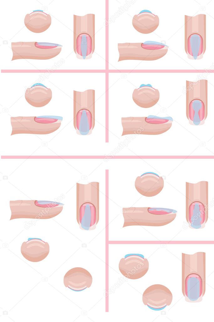 Hand nail care. The technique of applying the base layer of manicure, mistakes. Illustration for the manicure guide. Vector