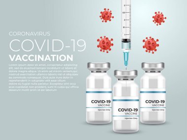 Coronavirus Aşısı Bayrak Tasarımı: Covid-19 Corona virüs aşı şişesi ve şırınga enjeksiyonu: Vektör İllüzyonu