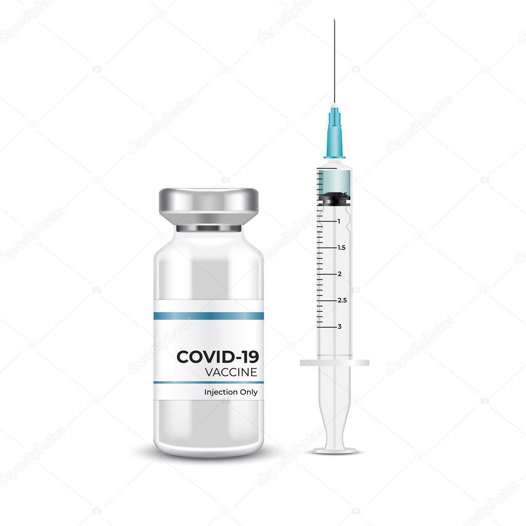 Coronavirus Vaccine Banner Design : Covid-19 corona virus vaccination with vaccine bottle and syringe injection : Vector Illustration