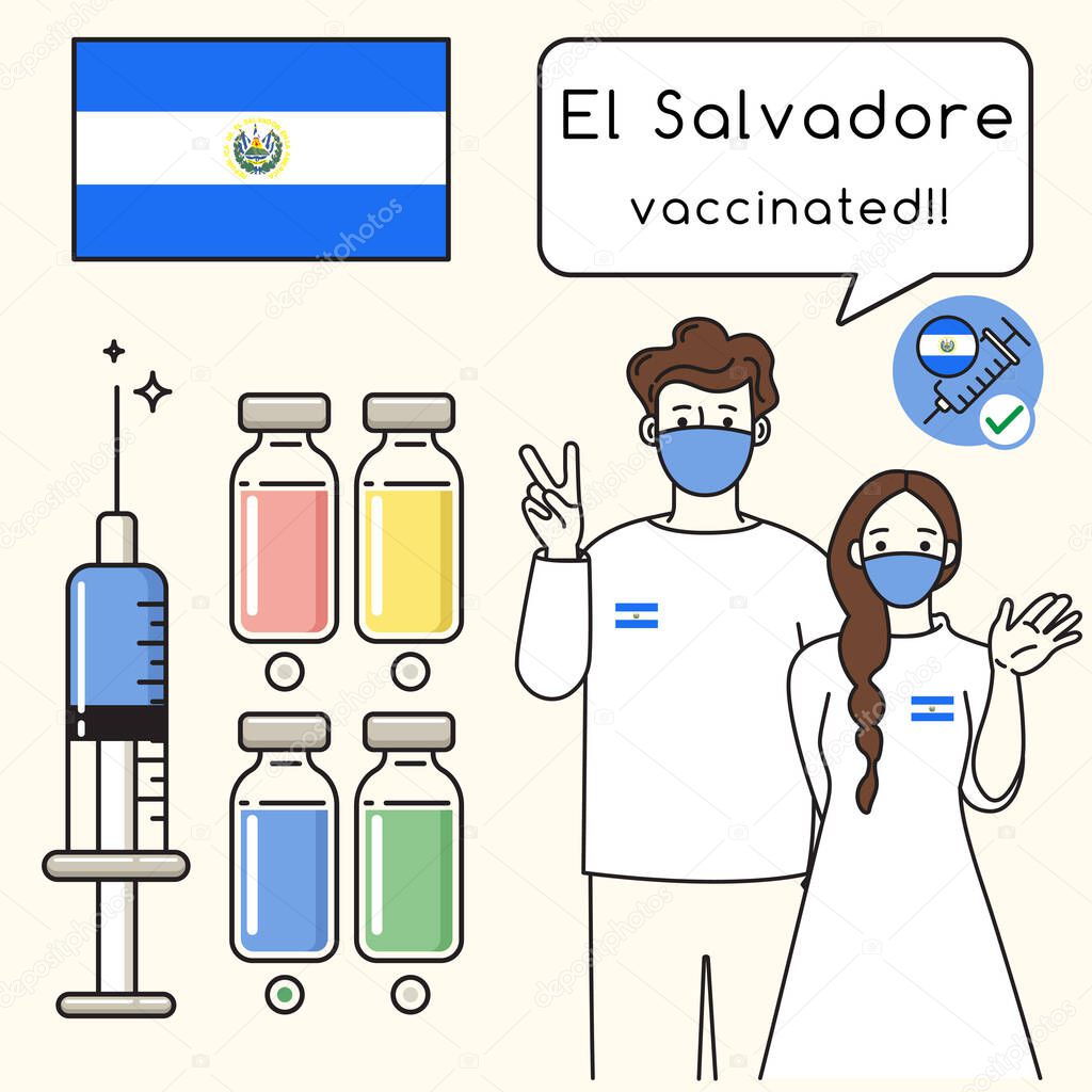 Young man and woman presenting vaccination for immunity health with national flag and vaccine choices : Vector Illustration
