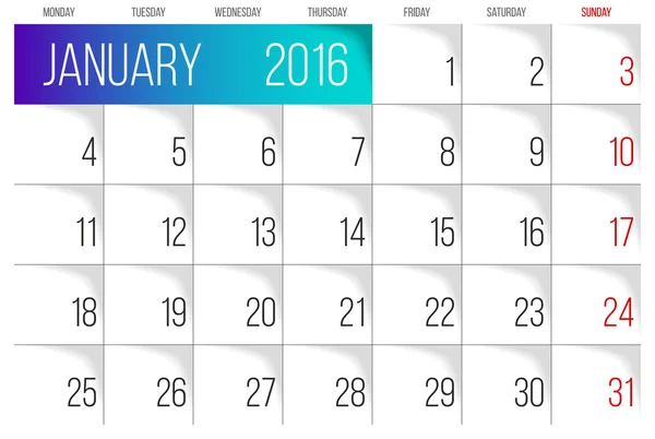 January 2016 planning calendar — Stock Vector