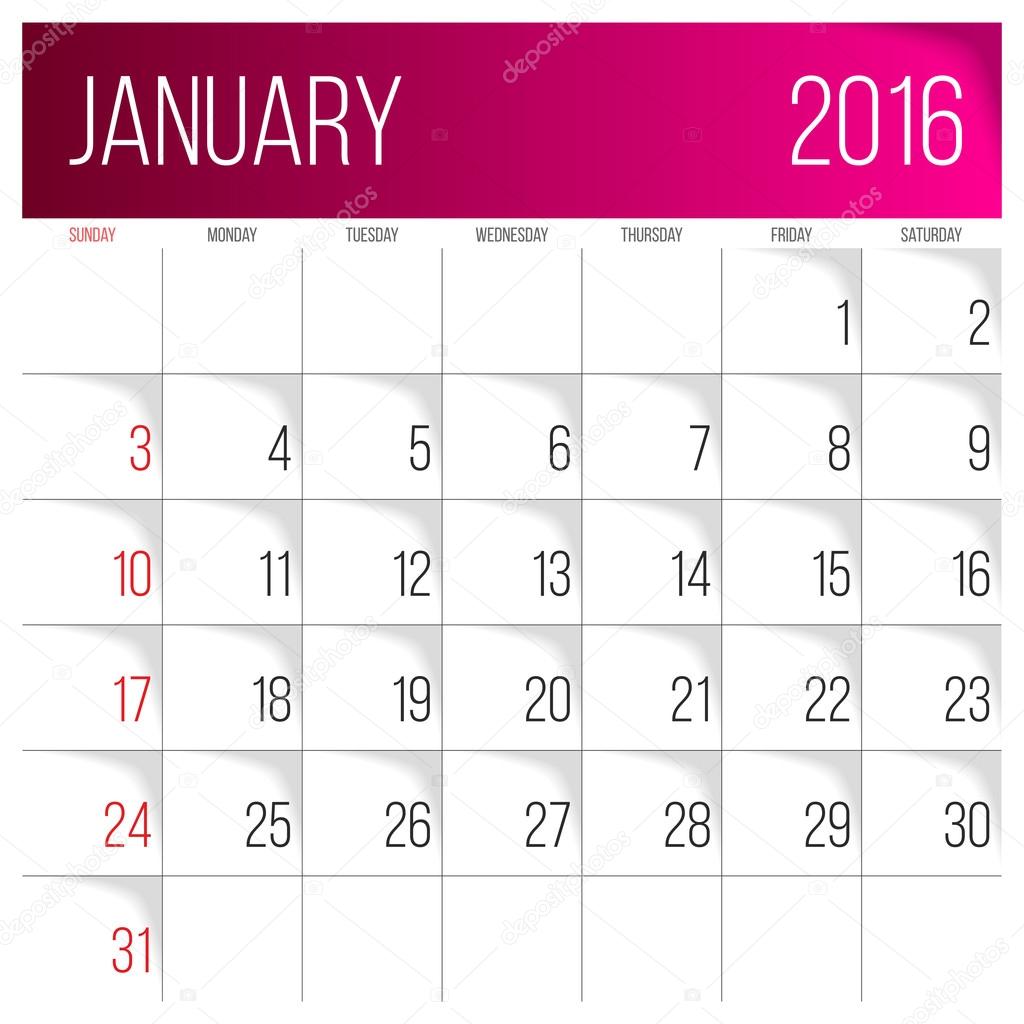 January 2016 planning calendar