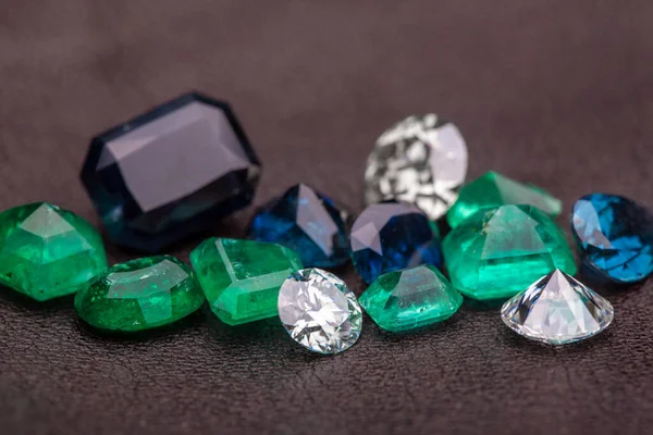 Set Blue Green Natural Gemstone Sapphires — 图库照片