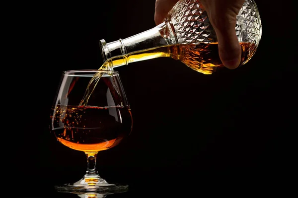 Pouring Whiskey Glass Wine Black Background — Stock Photo, Image