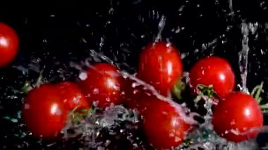 Kiraz domatesleri ve siyah arka planda su. Yemek konsepti. Boşluğu kopyala.