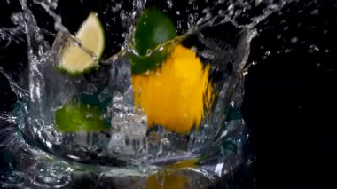 Taze limon ve limon yakın plan siyah zemin üzerinde süzülen su 