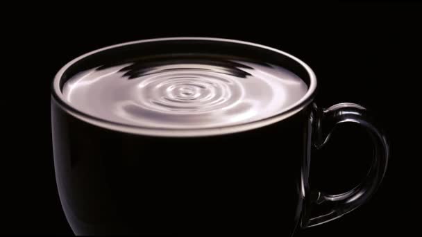 Closeup Drop Falling Cup Coffee Black Background — Stock Video