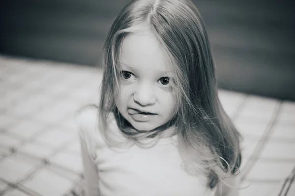Black White Portrait Caucasian Cute Little Girl — Stockfoto