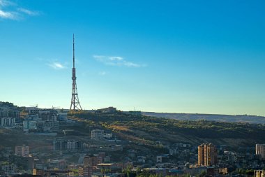 Arka planda yüksek kulesi olan bir şehir. Gökyüzü mavi ve hiç bulut yok.