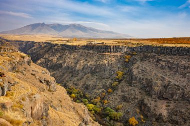 İçinden nehir akan bir dağ sırası. Dağlar ağaçlarla kaplı ve nehir kahverengi.