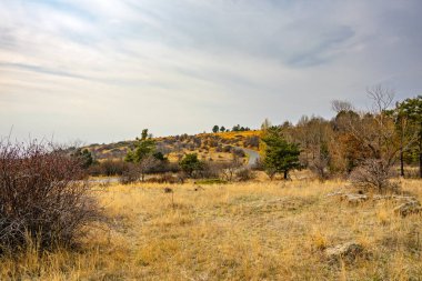 İçinden yol geçen kuru, çorak bir tarla. Gökyüzü bulutlu ve güneş parlamıyor.