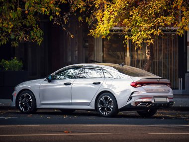 Yolun kenarına gümüş rengi bir KIA K5 arabası park edilmiş. Araba arka planda ağaç olan bir binanın önünde park halinde.