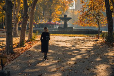 Bir kadın parkta ağaçlarla ve fıskiyelerle dolu bir patikada yürüyor. Ağaçlardaki yapraklar renk değiştiriyor, güzel bir sonbahar manzarası yaratıyor. Kadın bir çanta taşıyor.