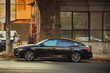 Siyah bir Hyundai arabası bir binanın önündeki caddenin kenarına park edilmiştir. Araba bir ağacın yanına park edilmiş ve caddede park edilmiş birkaç araba daha var.