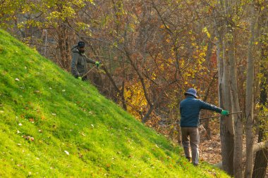 Erivan Ermenistan 10.25.2025. İki adam bir yamaçta çalışıyor, biri yeşil ceket giyiyor. Diğer adam mavi bir ceket giyiyor.