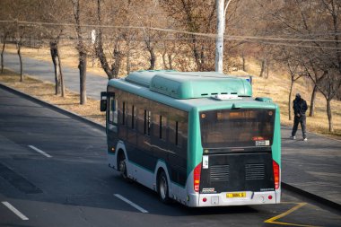 Yeşil ve siyah bir otobüs caddeden geçiyor. Kaldırımda bir insan yürüyor. Otobüs yaya geçidi ve dur levhası olan bir caddede.