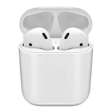 Beyaz bir çantalı bir çift beyaz kulaklık beyaz bir arkaplanda sergilenir. Kulaklıklar çantanın içinde. Çanta da açık. İçerideki kulaklıkları ortaya çıkarıyor. Kulaklıklar büyük ihtimalle Apple AirPodları.
