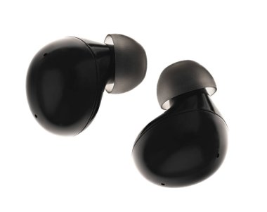 Siyah kulaklıklı iki kulaklık beyaz arka planda görüntülenir