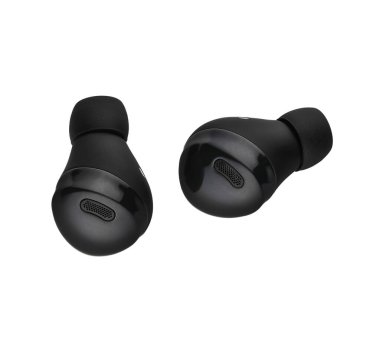 Siyah plastik ve siyah kulak uçlu iki kulaklık..