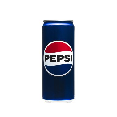 Beyaz arka planda bir kutu Pepsi gösteriliyor. Kutu mavi ve gümüş, logo da kırmızı ve beyaz.