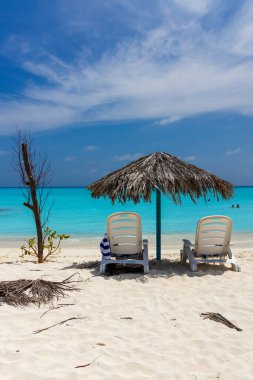 Beyaz kum, açık mavi gökyüzünün altında turkuaz denizle buluşur. Thatched şemsiyesi, misafirleri bekleyen iki plaj sandalyesi. Yakınlarda seyrek bir ağaç duruyor, doğal bir cazibe katıyor.