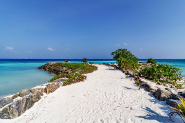 Beyaz kum yolu turkuaz denize çıkıyor. Yeşilli yeşil çalılar kayalık kenarlar. Açık mavi gökyüzü sonsuza dek uzanıyor. Seyahat ya da rahatlama görüntüsü için mükemmel. Parlak, sakin, davetkar tropikal manzara