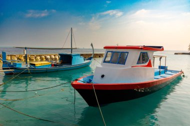 Parlak güneş sakin turkuaz denizin üzerinde parlıyor. İki renkli balıkçı teknesi rıhtımda usulca yüzüyor. Bir tekne beyaz, kırmızı süslemeli, sağlam ve hazır. Diğeri, mavi ve sarı, yuvarlanmış ağlar tutuyor.