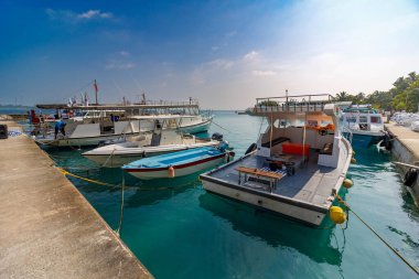 Sakin turkuaz sular demirli tekneleri kuşatır. Güneş ışığı yumuşak yüzeyde parlar. İnsanlar rıhtımın yakınındaki gemilerde rahatlar. Parlak mavi ve beyaz tekneler huzur içinde demirliyor.