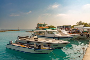 Açık mavi sular demirli tekneleri beşikte tutuyor. Güneşli gökyüzü sakin turkuaz denizin üzerinde yüzüyor. Beyaz gemiler hareketli liman rıhtımının yakınında dinleniyor. İnsanlar teknelerin yanında toplanıp sohbet ediyorlar.