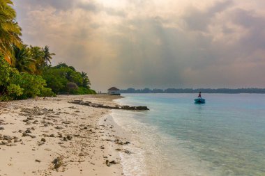 Güneş ışığı bulutları sakin turkuaz suların üzerinde deler. Beyaz kum, verimli tropikal kıyıların yakınında nazik dalgalarla karşılaşır. Yalnız figür sakince kürek çekiyor, huzur dolu yalnızlığın tadını çıkarıyor. Palmiyeler usulca sallanıyor