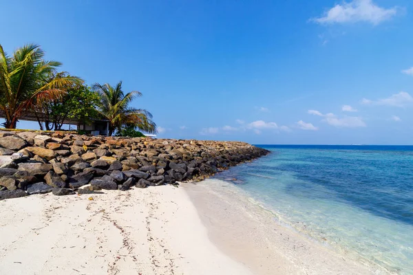 Açık mavi gökyüzü turkuaz sularla buluşur. Kayalık bir kıyı şeridinin yanında beyaz kum kıvrımları. Dalgakıranın yanında sallanan palmiyeler. Sakin okyanusta güneş ışığı sıcacık parlar.