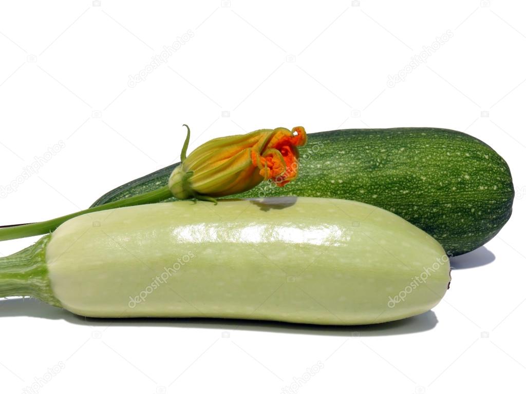 Vegetable marrow and zucchini with flowers on a white background, macro.
