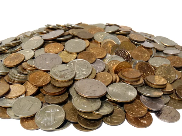 Mince na bílém pozadí zblízka (ruské peníze). — Stock fotografie