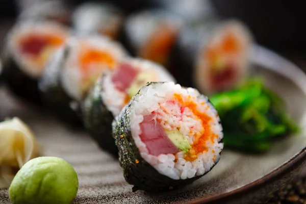 Sushi Maki Rolls Tuna Flying Fish Caviar Crab Avocado Plate — Stock Photo, Image