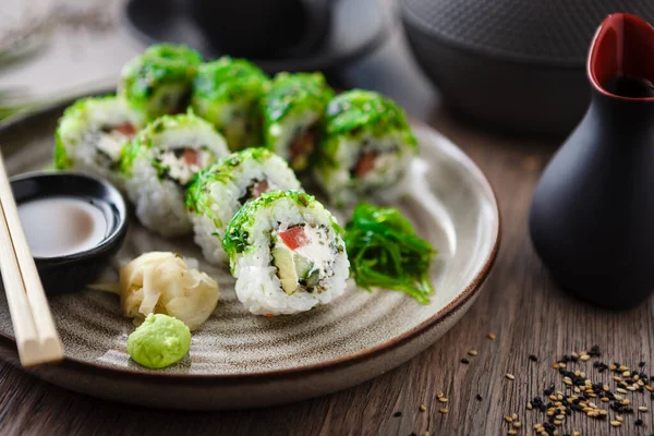 Sushi Maki Rolls Cucumber Avocado Tomato Creamy Cheese Chuka Wakame — Stock Photo, Image