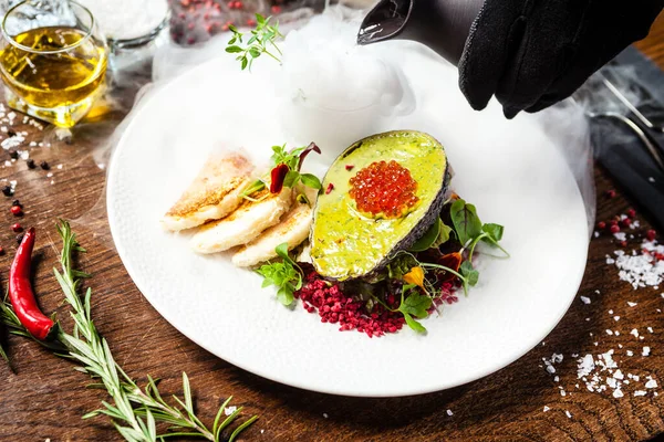 Tuna Tartare Trout Roe Avocado Cream Marinated Onions Delicious Healthy — Stock Photo, Image