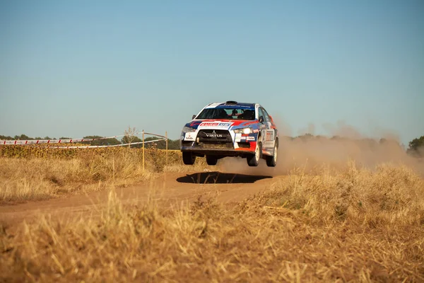 Mitsubishi Lancer Evolution Jumping Motion Clouds Dust Ukrainian Championship Mini — стоковое фото