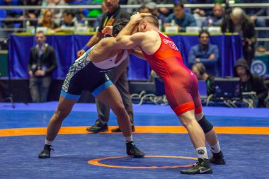 Match between Kyle Snyder, Titan Mercury Wrestling Team USA vs Abbas Tahan, Wrestling Team Razi Iran during World Wrestling Club Cup, December 1, 2016, Kharkov, Ukraine