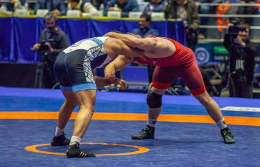 Match between Kyle Snyder, Titan Mercury Wrestling Team USA vs Abbas Tahan, Wrestling Team Razi Iran during World Wrestling Club Cup, December 1, 2016, Kharkov, Ukraine