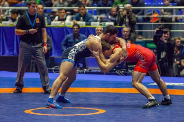 Match between Nazar Kulchytskyy, Titan Mercury Wrestling Team USA vs Atsamaz Sanakoev, Wrestling Team Razi Iran during World Wrestling Club Cup, December 1, 2016, Kharkov, Ukraine