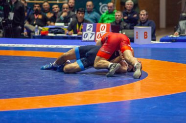 Match between Nazar Kulchytskyy, Titan Mercury Wrestling Team USA vs Atsamaz Sanakoev, Wrestling Team Razi Iran during World Wrestling Club Cup, December 1, 2016, Kharkov, Ukraine