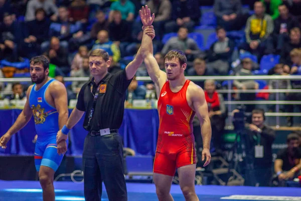 stock image Match between Bohdan Hrytsai (UKR) vs Vahe Tamrazyan (ARM) during World Wrestling Club Cup, December 1, 2016, Kharkov, Ukraine