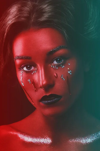 Porträt Eines Traurigen Weinenden Mädchens High Fashion Schönheitsstil Mit Roter — Stockfoto