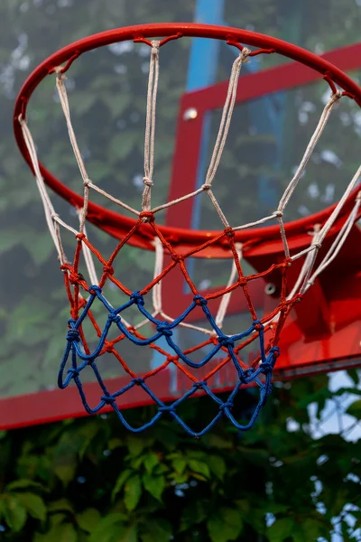 Rode Basketbal Hoepel Met Net Met Groene Bladeren Achtergrond Sport — Stockfoto