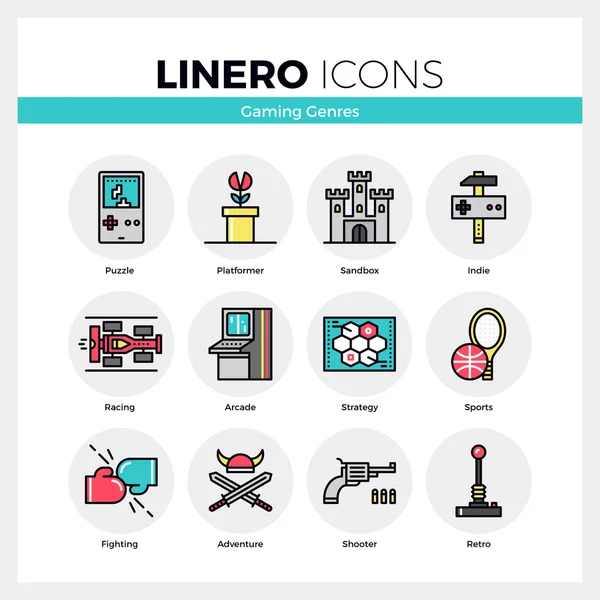 Géneros de juegos Set de iconos Linero — Vector de stock