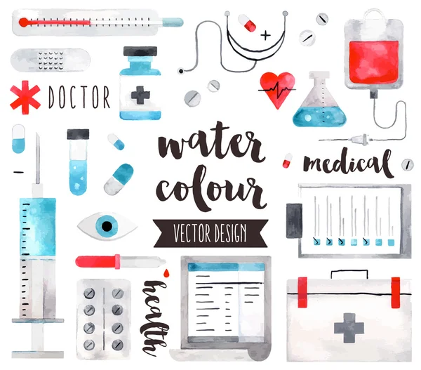 Medical Equipment Watercolor Objects — Stock Vector