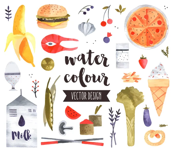 Healthy Food Watercolor Icons — Stock Vector