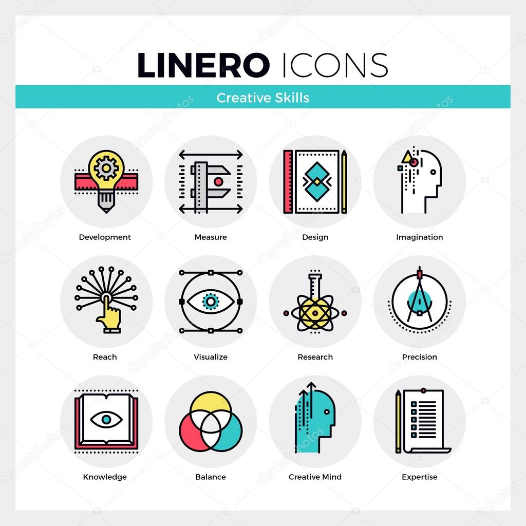 Line icons set of creative skills of mindfulness designer. Modern color flat design linear pictogram collection. Outline vector concept of mono stroke symbol pack. Premium quality web graphics material.